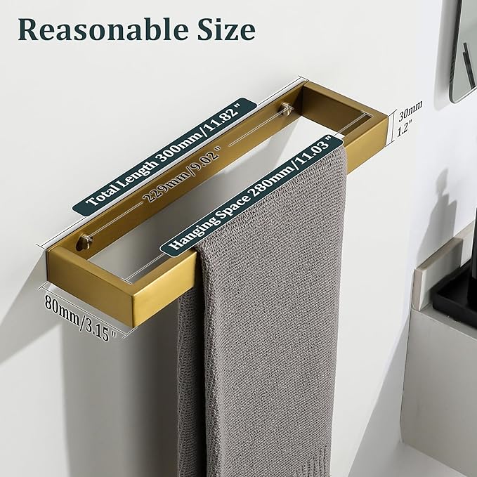 Sayayo Brushed Gold Towel Bar for Bathroom, 12 Inch Hand Towel Holder Wall Mount, Screw or Self Adhesive Towel Ring Square SUS304 Stainless Steel, 3.2 Inch Wide
