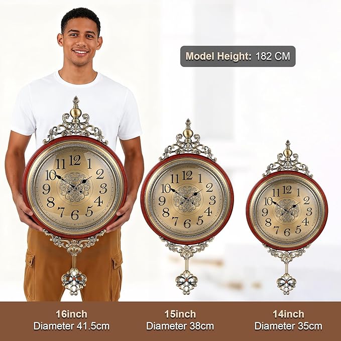 Vintage Wall Clock with Pendulum, 15 Inch Dial Diameter, 28.74 Inch Overall Height, Large Retro Metal and Glass Silent Clock for Living Room, Antique Wood Pendulum for Dining Room Office Home Decor