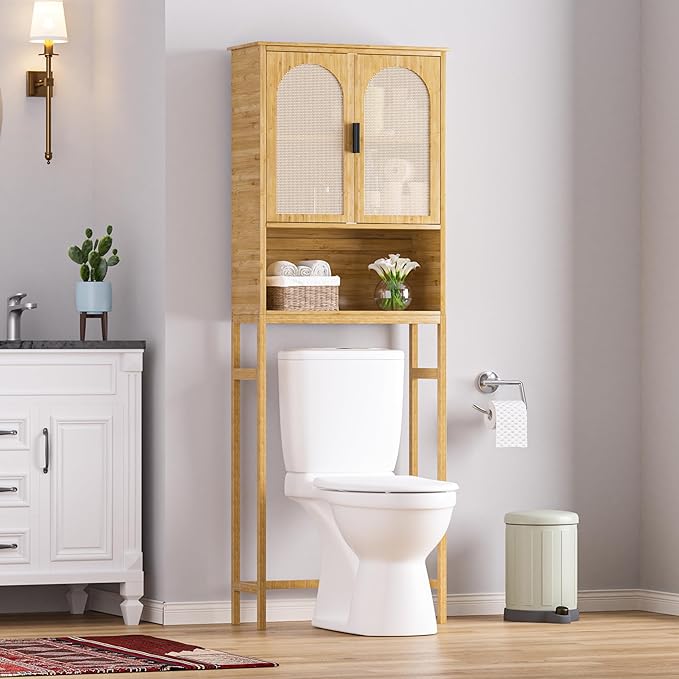 Bamboo Over-The-Toilet Storage Shelf with Inverted U-Shaped Doors, Rattan Surface Bathroom Freestanding Space Saver Organizer with Shelves, Natural