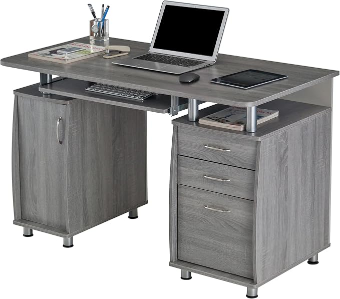 Techni Mobili 48'' W Computer Desk with File Cabinet and Drawers, Storage Cabinet with Removable Shelf and Ventilation for CPU, Home Office Desk or Computer Workstation with Keyboard Tray, Grey