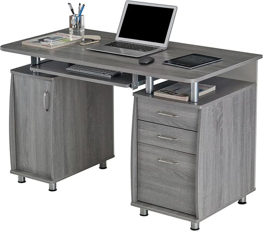 Techni Mobili 48'' W Computer Desk with File Cabinet and Drawers, Storage Cabinet with Removable Shelf and Ventilation for CPU, Home Office Desk or Computer Workstation with Keyboard Tray, Grey