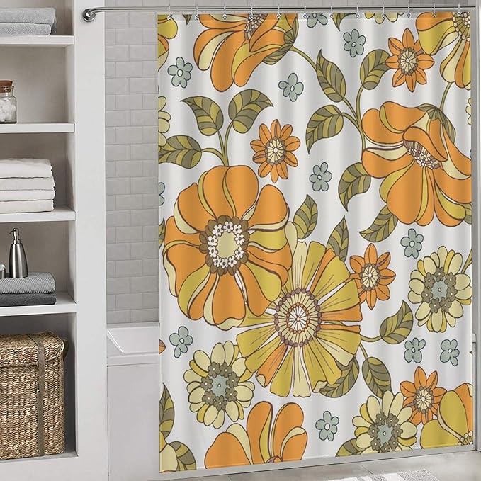 Daisy Floral Shower Curtain, Retro 70s Vintage Orange Yellow Flower Groovy Cute Spring Aesthetic Boho Funky Trippy Waterproof Fabric Bath Shower Curtain Set with Hooks, 72"x72" Inch