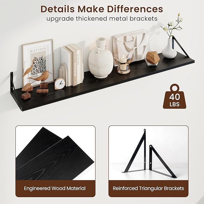 Axeman Deep Floating Shelves | 55 Inch Black Wall Shelves Set of 2 | 10 Inch Deep Wood Floating Shelves for Wall | 55" W x 10" D Black Shelves for Living Room Bathroom Kitchen