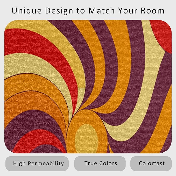 70s Retro Rug 6x9 Swirl Psychedelic Groovy Hippie Pop Pattern Area Rugs for Living Room, Bedroom, 70s Retro Home Decor Accessories Indoor Carpet, Non Slip & Machine Washable, GD0319