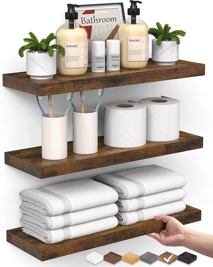BAYKA Floating Shelves Bathroom for Wall – Shelf Over Toilet Farmhouse Rustic Wood for Bedroom, Kitchen, or Living Room Decor Organization Display Shelving – Rustic Brown, Set of 3