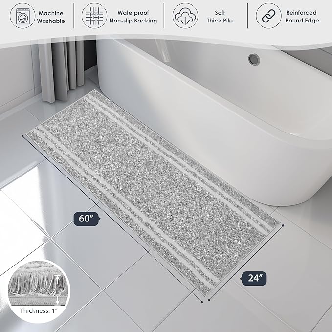 PURRUGS Bathroom Rug Non-Slip Machine Washable 24" x 60", Super Absorbent and Quick Dry Shaggy Microfiber Bath Mat, Extra Soft and Plush Bath Rug for Bathtub, Shower, and Sink, Light Grey