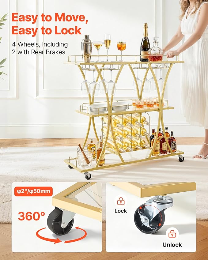 VEVOR Bar Cart, 3 Tiers Home Kitchen Serving Carts, Modern Rolling Utility Station on Wheels, Drink Beverage Trolley with Tempered Glass Shelves, Wine Rack, Glass Holder, for Living Dining Room, Gold