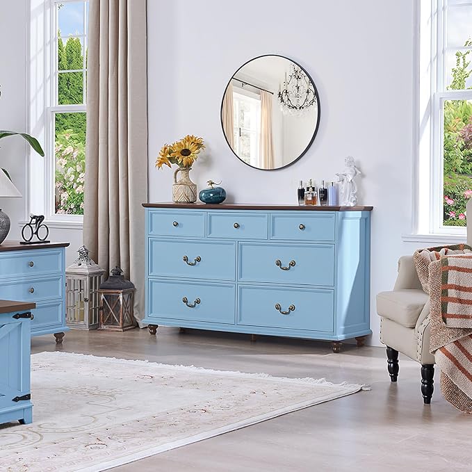Farmhouse 7 Drawers Dresser Sets of 2 for Bedroom, Light Blue 54 Inch Wide Chest of Drawers w/ 4 Wooden Legs, Large Vintage Rustic Closet Dressers for Living Room, Wood TV Stand