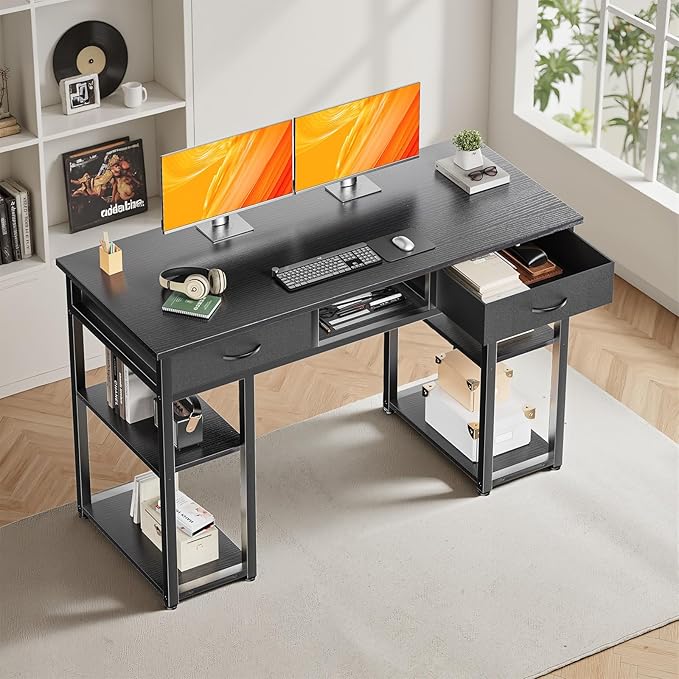 DUMOS 48" Small Computer Home Office Desk for Bedroom with Drawers, Gaming Writing Study Table with Storage Shelf, Adjustable Feet, Compact Desk for Gaming and Home Office Use, Metal Frame Black