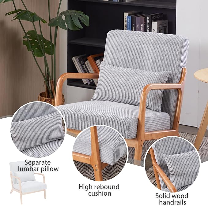 Accent Chairs, Mid-Century Modern Chair with Pillow, Armchair with Solid Wood, Reading Relaxing Leisure Chair for Living Room (Light Grey)