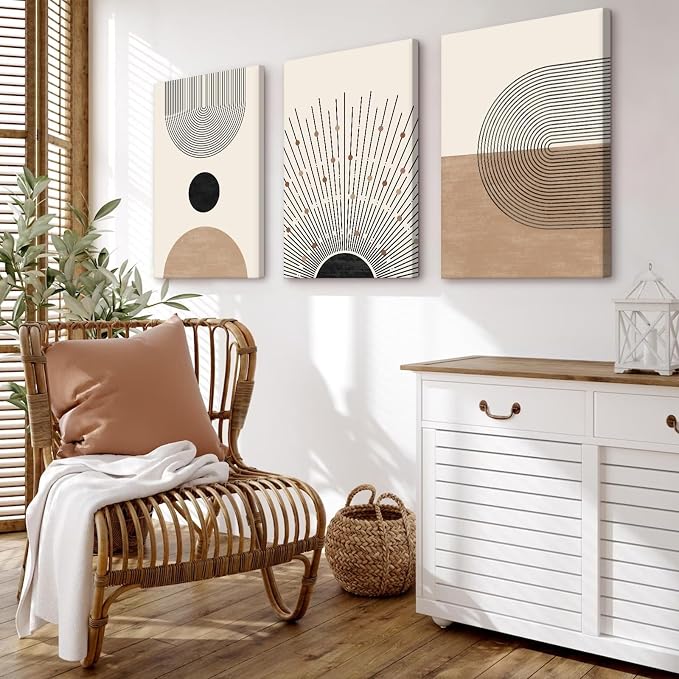 Mid Century Modern Wall Art Set of 3 Neutral Boho Art Prints Abstract Geometric Wall Art Picture Black Beige Terracotta Minimalist Painting Canvas Artwork for Living Room Bedroom 16x24 Inch Wrapped Canvas
