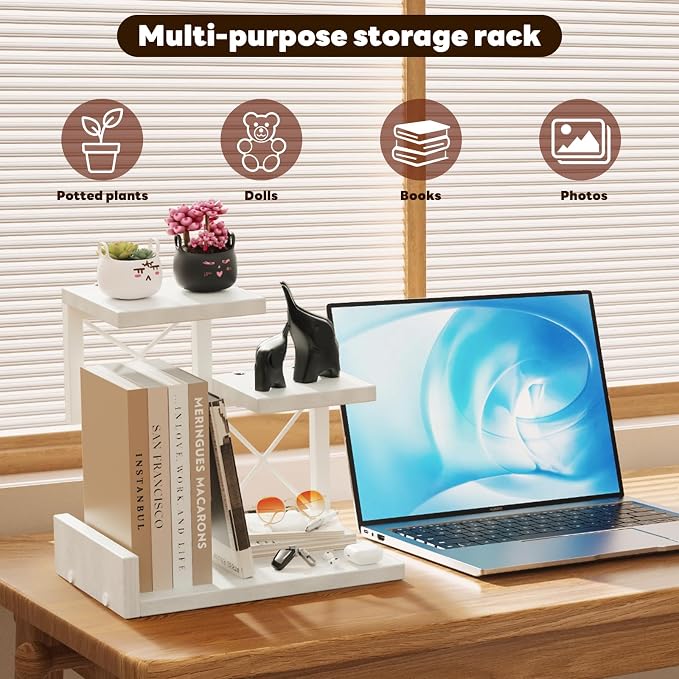Abiglifty Desk Shelf Organizer, Wooden Desktop Organizers, 3 Tier Desk Hutch Small Bookshelf, Nightstand Organizer, Riser Display Stand for Office, Dorm, Home (White)