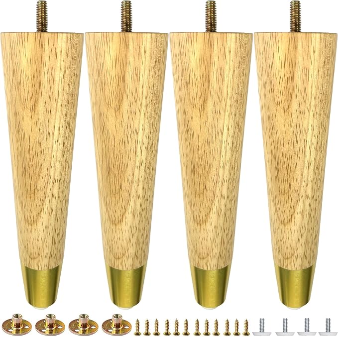 8 inch Wood Furniture Legs with Gold Caps Solid Rubber Wooden Modern Replacement Sofa Legs for Dresser Cabinet Vanity Ottoman Natural Straight Couch Legs 4 Pack