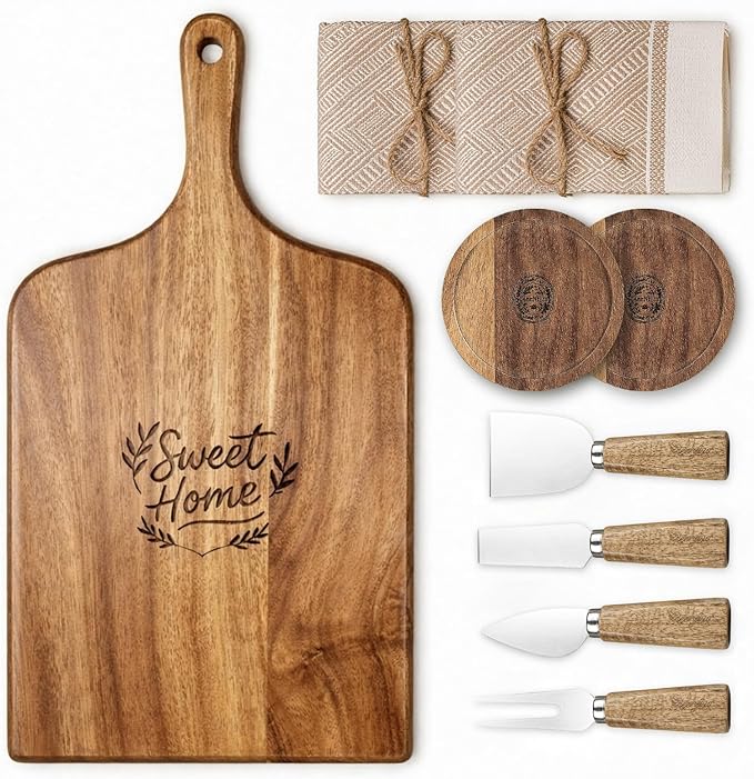 Charcuterie Board Gift Set, 9-Piece Acacia Wood Cheese Board with Knife Set, Elegant Serving Tray with Accessories, Gift Ready for Couples, Housewarming & Wedding