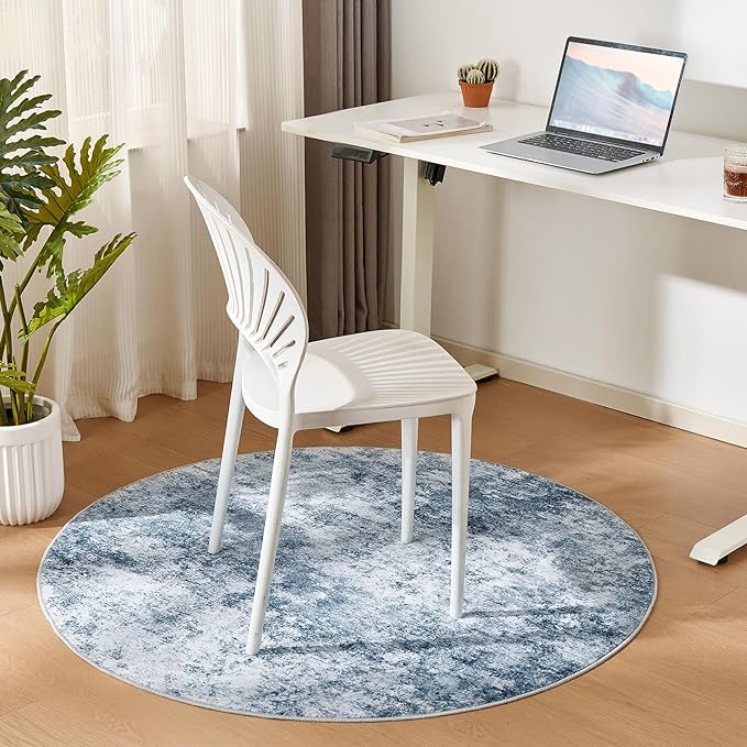 WITSHOCK 6ft Round Area Rug for Living Room: 6x6 Washable Neutral Modern Abstract Soft Thin Rug Indoor Floor No Slip Rug Carpet for Bedroom Under Dining Table Home Office Decor (Blue)