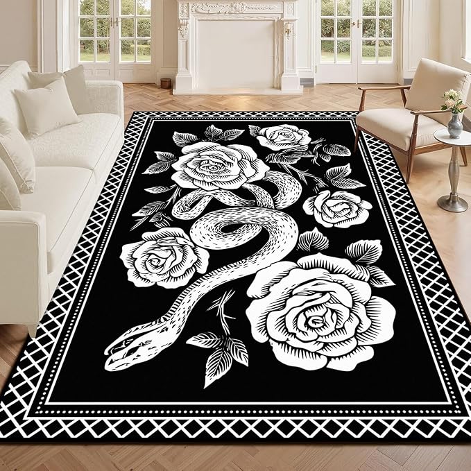 2'x3' Gothic Snake and Rose Area Rug Black and White Floral Vine Floor Mat Retro Boho Carpet Washable Low Pile Indoor Rugs for Entryway Bedroom Living Room Kitchen Home Decor