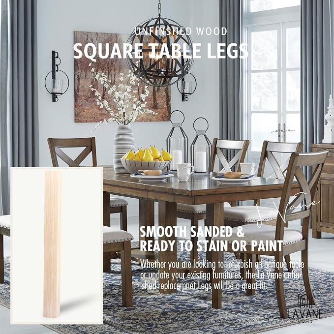 29 inch / 73cm Unfinished Wooden Dining Table Legs, LAVANE Set of 4 Classic Parsons Foursquare Solid Wood Replacement Feet for Bench Coffee Table Dining Table Chair Desk Kitchen Island