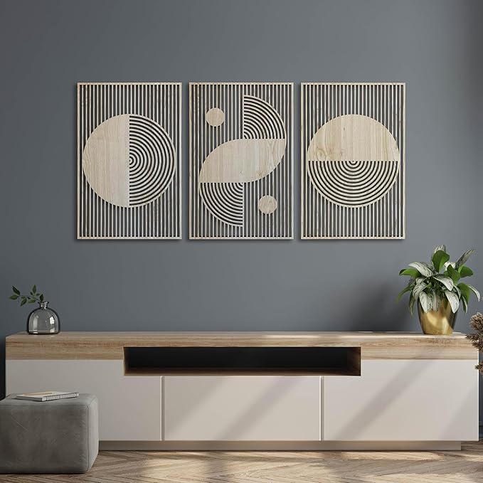Boho Wood Wall Art Bauhaus Style, Abstract Wooden Wall Art, Large Mid Century Modern Decor, 3 Geometric Wood Wall Panel Set, Home Gift