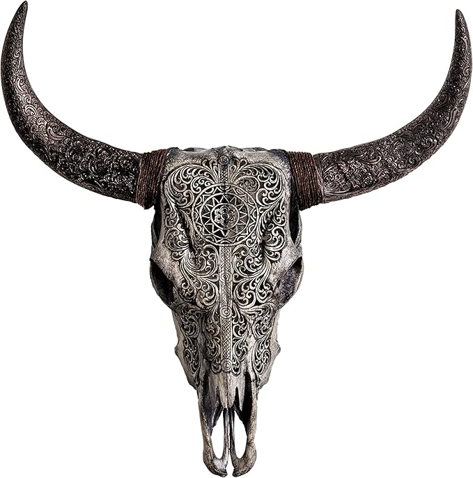 Skull Bliss - Hand-Carved Real Authentic Taxidermy Cow Skull/Bull Skull Wall Decor with Horns/Real Animal Cow Skull Wall Decor (Hand-Carved Horns)