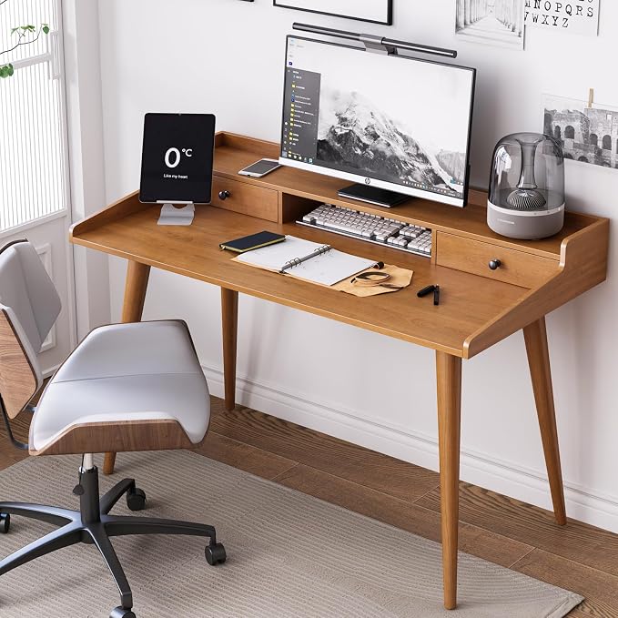 Mid Century Modern Desk, 51" Wood Home Office Writing Computer or Laptop Desk with Monitor Stand Riser and Open Storage Cubby, Vanity Desk with 2 Drawers (51.2"×25.6")