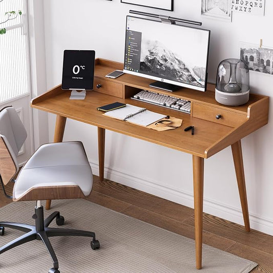 Mid Century Modern Desk, 51" Wood Home Office Writing Computer or Laptop Desk with Monitor Stand Riser and Open Storage Cubby, Vanity Desk with 2 Drawers (51.2"×25.6")