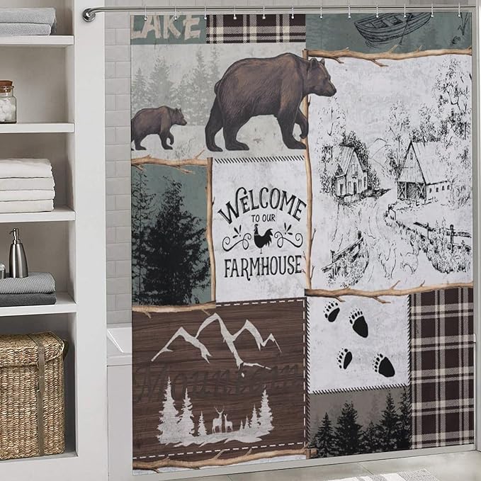 Rustic Cabin Vintage Bear Shower Curtain Country Lodge Deer Mountain Forest Farmhouse Waterproof Shower Curtains for Bathroom Decor 12 Pack Hooks 72x72in (183x183cm)
