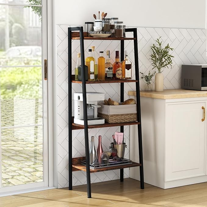 Ladder Shelf, 4 Tier Ladder Shelf, 22” Wide Tower Storage Shelf for Books, Anti Tip Feature, Steel Frame, Perfect for Bookshelf, Plants, Kitchen, Living Room, Office, Rustic Brown