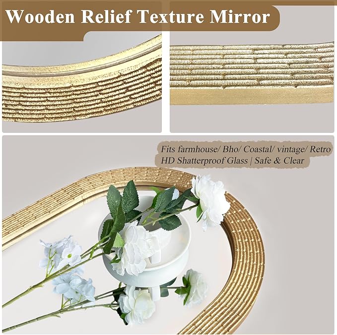WAMIRRO Gold Round Wood Mirror, 28 Inch Hand Carved Solid Wood Frame Circle Mirror for Wall Mount, Farmhouse Boho Decor for Living Room, Bathroom, Bedroom, Hallway & Entryway