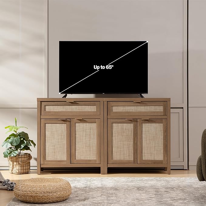 SICOTAS Buffet Cabinet Sideboard with Storage, Rattan Accent Cabinet with Doors Drawer, Boho Credenzas Farmhouse Buffet Table Console Coffee Bar Cabinets for Entryway Living Room, Natural Oak