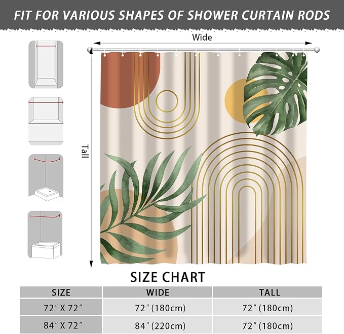 Mid Century Abstract Boho Aesthetic Shower Curtain Set, Green Nature Leaf Sun Modern Minimalist Home Bathroom Curtain Decor with 12 Hooks 72 Inch Wide * 72 Inch High