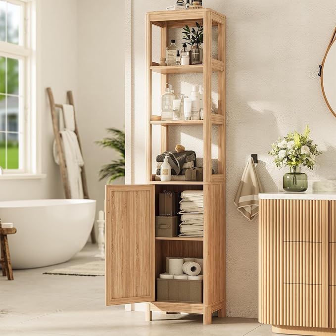68'' Tall Narrow Storage Cabinet with Adjustable Shelf and Door, Bathroom Storage Cabinet, Space Saver for Bathroom, Kitchen, Living Room, Natural Oak