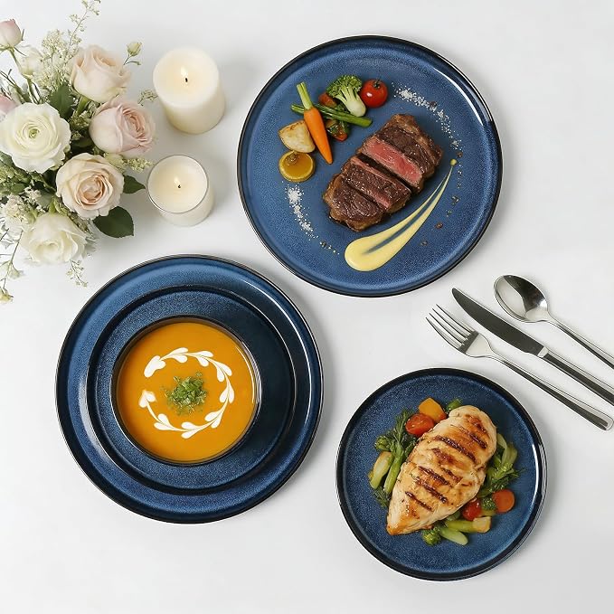 MONITO Ceramic Dinnerware Sets for 4, 12PCS Stoneware Plates and Bowls Sets, Reactive Glaze Dish Set, Chip and Scratch Resistant Double, Microwave and Dishwasher Safe, Dark Blue