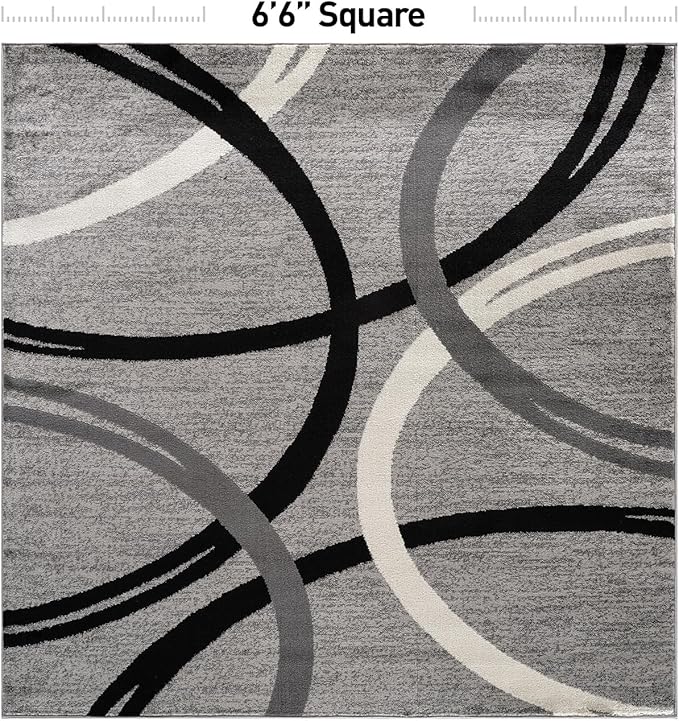 Rugshop Wavy Circles Design Square Rug, Non-Shedding Carpet for Living Room, Bedroom, or Dining Room, Gray, 6'6" x 6'6"