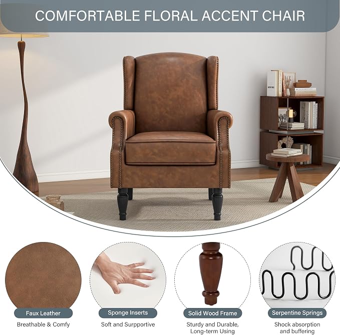 High Back Accent Chairs Set of 2, Faux Leather Upholstered Armchair Wingback Chair for Living Room, Comfy Single Sofa Solid Wood Legs Bedroom Reading Seat (Brown)