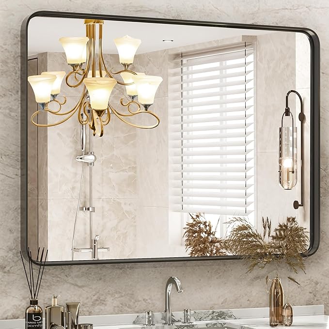 Sweetcrispy 30x40 Inch Black Bathroom Mirrors, Bathroom Mirrors for Over Sink, Rectangle Wall Decor for Entryway, Bedroom, Vanity,Anti-Rust, Horizontal or Vertical Hanging, Black
