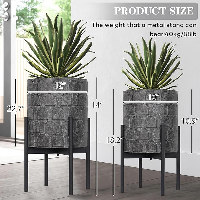 Oakrain Planters for Indoor Plants, Set of 2 Mid-Century Modern Planter with Stand, Decorative Metal Planter Pots for Living Room, Office, Garden, Balcony, 10"&12", Rustic Gray