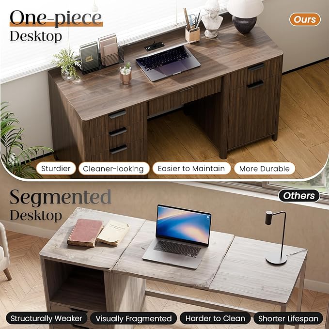 58" Fluted Home Office Desks with Storage, Modern Executive Desk Computer Desks with 5 Drawers & Cabinet, Wood Work Desk File Drawer for Office, Bedroom, Study, Living Room, Walnut
