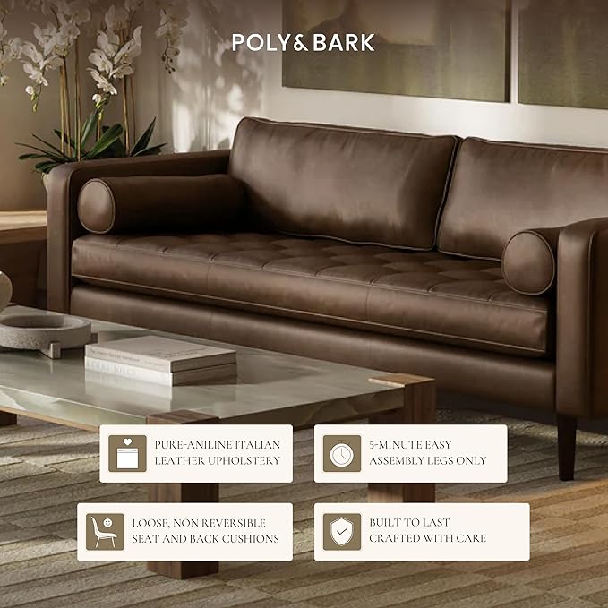 Poly & BARK Napa 88.5" Sofa – Cocoa Brown Full-Grain Pure-Aniline Italian Leather, Feather-Down Cushioning, Kiln-Dried Solid Wood Frame, Walnut Legs
