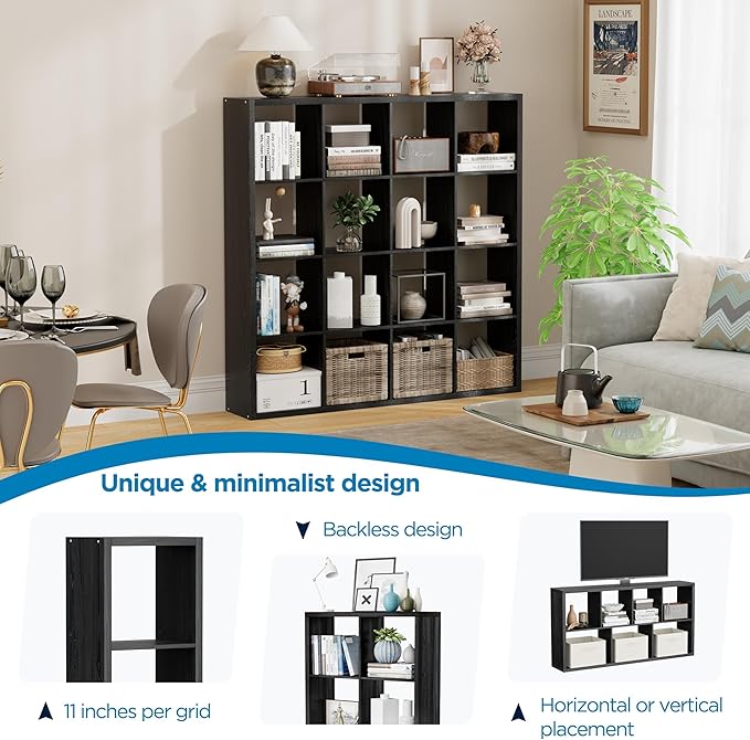 16-Cube Storage Organizer Bookcase, Thick Frame Wood Grain Storage Shelf, Rectangular Cube Open Back Display Unit, 48.8x9.4x48.8 Inches for Living Room, Bedroom, Home Office, Embossed Black