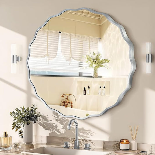 Silver Round Mirror for Wall, 32"x32" Decorative Wavy Bathroom Mirror with Brushed Alloy Steel Frame & Shatter-Proof Glass, Hanging Circle Wall Mirrors for Bathroom, Entryway, Bedroom