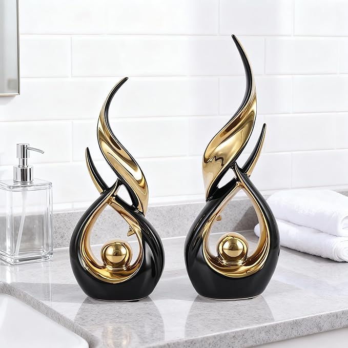 DOVDOV 2-Piece Abstract Black and Gold Home Decor, Ceramic Abstract Sculpture, Modern Artwork, Suitable for Room Coffee Table countertops, Office Bookshelves, Dining Table Centers, entryway Decor.