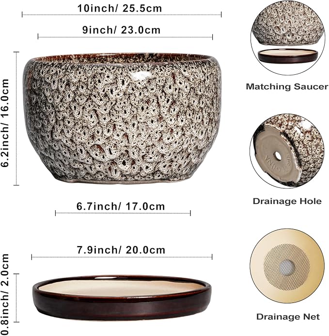 SQOWL Ceramic Plant Pots - 10 Inch Planter for Indoor Plants Outdoor, Large Flower Pots with Drainage Hole and Saucer, Decorative Round Planter, Apartment Decor, Garden Gifts for Women, White