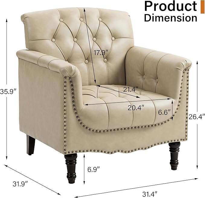 Faux Leather Club Chair, Retro Upholstered Armchair Accent Chair with Solid Wood Legs & Nailhead Trim for Living Room, Bedroom, Reading Room, Beige