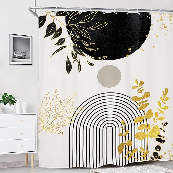 Riyidecor Black Gold Extra Long Shower Curtain for Bathroom Decor 72Wx84H Boho Mid Century Modern Abstract Gold Leaves Minimalist Geometric Art Printed Fabric Polyester Waterproof 12 Pack Plastic Hook