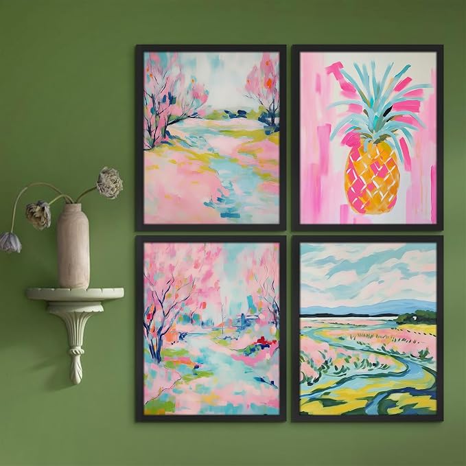 SIGNWIN Framed Vibrant Landscape and Pineapple Colorful Preppy Room Decor Pink Decor Digital Art Modern Art Decorative Multicolor Scenic for Bedroom - 12"x16"x4 Black