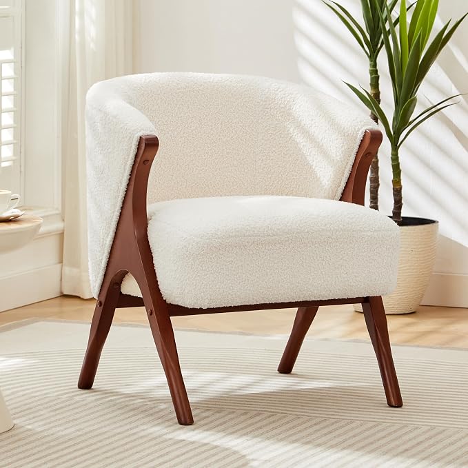 Merax Mid-Century Modern Accent Chair with Solid Wood A-Frame & Wrap-Around Backrest, High-Density Foam Cushion & Rounded Edges for Living Room, Reading Nook, Lounge Area (Beige+Walnut)