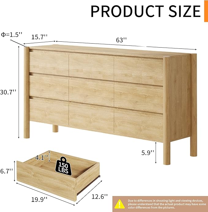 Dresser for Bedroom,9-Drawers,63" Wide Farmhouse Large Dressers & Chest,4 Solid Wood Legs,TV Stand, Storage Organizer Furniture for Bedroom(Oak)