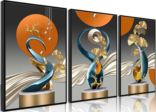 3 Pcs Bright Style Canvas wall Art Golden Deer Luxury Foil Lines Paintings Pictures Modern Abstract White Blue orange color Grey Posters Prints for Living Room Bedroom Office Home Wall Decor Unframed