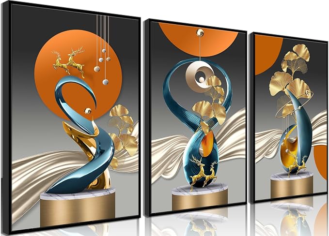 3 Pcs Bright Style Canvas wall Art Golden Deer Luxury Foil Lines Paintings Pictures Modern Abstract White Blue orange color Grey Posters Prints for Living Room Bedroom Office Home Wall Decor Unframed
