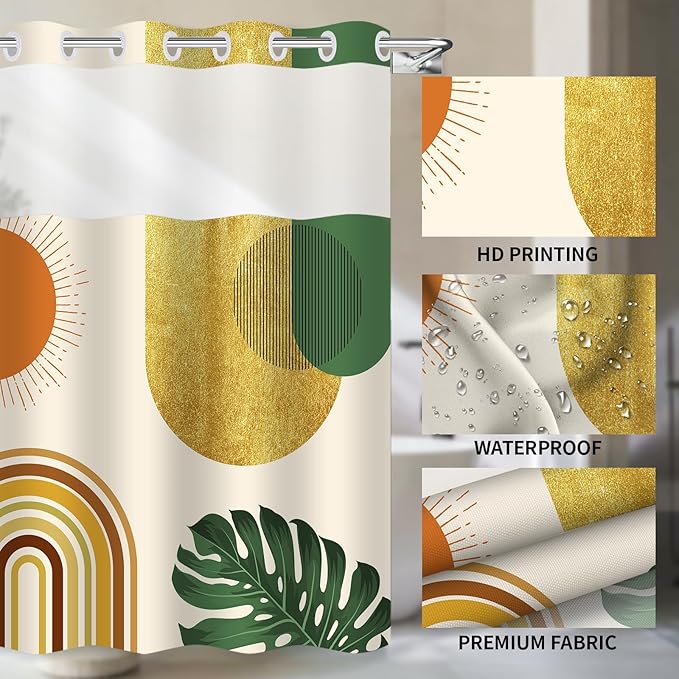 No Hook Shower Curtain,Orange and Green Plant,Rustic Farmhouse,Modern Geometric Sun,Mid Century Shower Curtains with High Visibility Window,White Lining is Detachable,71x74inch